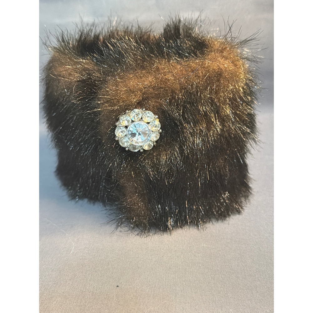 Pier 1 Brown Faux Fur Wine Bottle Collar Rhinestone Brooch Glam Decor